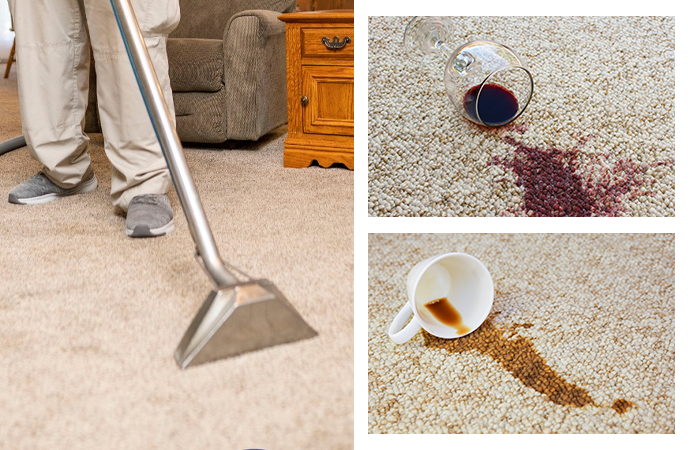 Collage image of Carpet cleaning red wine, coffee, and tea stains.