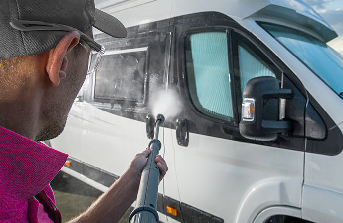 Man cleaning a camper van with a pressure washer.