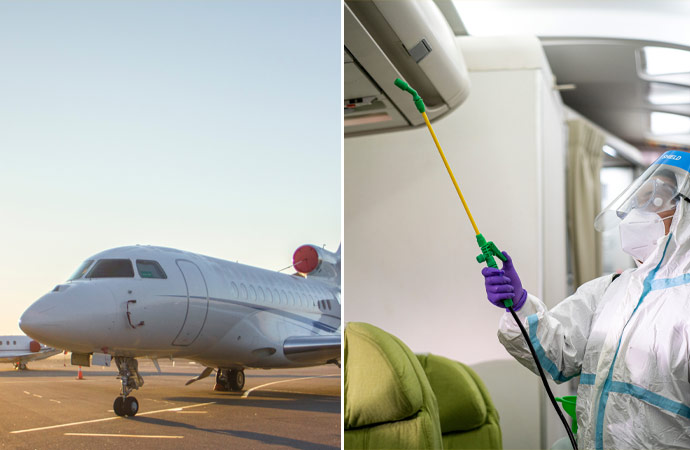 Deep cleaning and disinfection spray in the interior of a private jet and airplane.