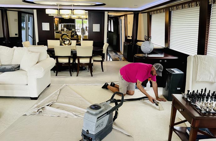 Vacuum cleaning the floor of a yacht boat with specialized equipment.
