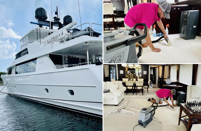 Cleaning yacht stairs and bedrooms for a fresh and inviting maritime living space.